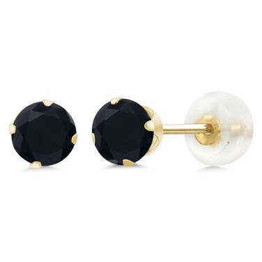 Gem Stone King 10K Yellow Gold Black Onyx Stud Earrings For Women Men (0.92 Cttw, Gemstone Birthstone, Round 5MM)