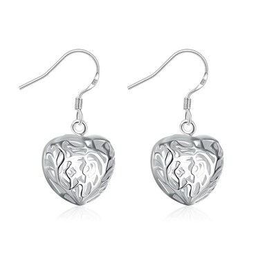 Heart Shaped Filigree Cage Fish Hook S925 Sterling Silver Plated Fashion Dangle Earrings for Women Elegant Love Texture Dangling Jewelry Gifts