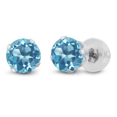 Gem Stone King 14K White Gold Swiss Blue Topaz Stud Earrings For Women Men (0.66 Cttw, Gemstone November Birthstone, Round 4MM)