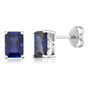 Gem Stone King 2.00 Cttw Simulated Blue Sapphire Bridal Stud Earrings For Women Men   925 Sterling Silver   7X5MM Emerald Cut