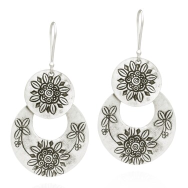 Handmade Thai Hill Tribal Engraved Sunflower Silver Statement Dangle Earrings