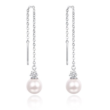 Pearl Tassel Threader Earrings 925 Sterling Silver long pearl earrings Ear Jewelry for Women