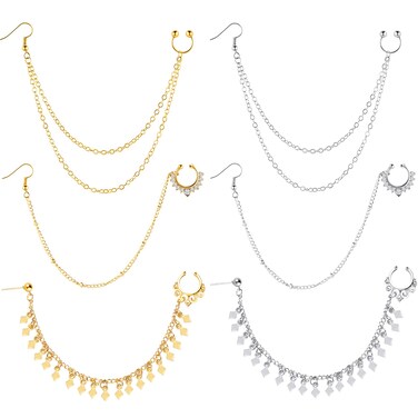 6 Pieces Nose Rings Hoop Chain Diamond-studded Double-layer Nose Chain Septum Non Piercing Nose Hoop Ring Chain Dangle Earrings for Women Girls