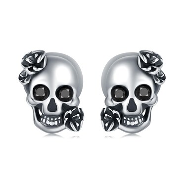 925 Sterling Silver Skull Earrings Gothic Skull Rose Stud Earrings for Men Black Diamond Eye Skull Jewelry Women Hypoallergenic Halloween Earrings Gift