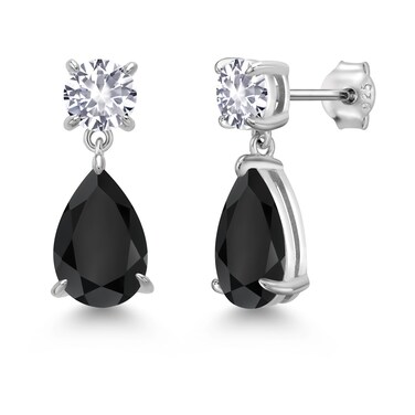Gem Stone King 925 Sterling Silver Black Onyx and White Created Sapphire Teardrop Dangle Drop Earrings For Women (7.54 Cttw, Gemstone Birthstone, Pear Shape 12x8MM, Round 6MM)