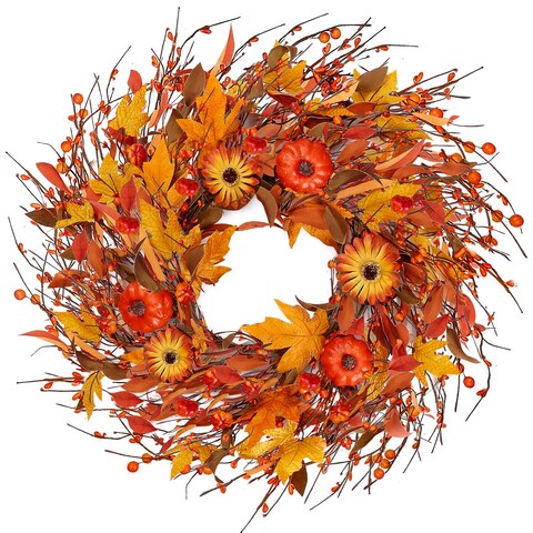 Sggvecsy Artificial Fall Wreath 22&rsquo;&rsquo; Autumn Front Door Wreath Harvest Wreath with Pumpkin Daisy Berry Maple Leaves Fall Decorations for Outside Indoor Wall Window Festival Thanksgiving Autumn Decor