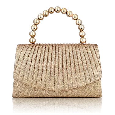 Glamorous Glitter Evening Clutch &ndash; Pearl String Embellishment, Elegant Pleated Design, Perfect Handbag for Weddings, Parties &amp; Special Occasions