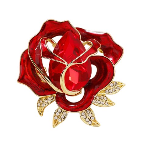 Rhinestone Red Flower Brooch Pin for Women Girls Gold-Tone Fashion Crystal Enamel Rose Brooches Lapel Pins Elegant Dress Accessories Jewelry Boutonniere Corsage for Hat Bag Gift Wedding Father&#39;s Day