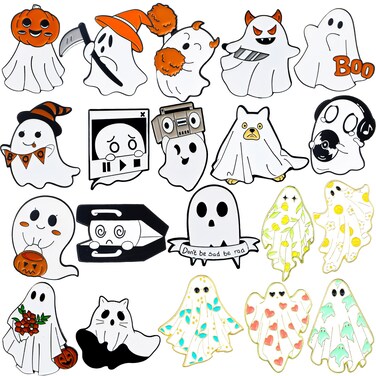20 Pieces Cute Ghost Enamel Pin Kawaii Pins Halloween Funny Lapel Pins Ghost Brooches Badges Aesthetic Gift Cartoon Boo Pumpkin Flying Spirit Enamel Pins for Women Men Backpack Jacket Clothes