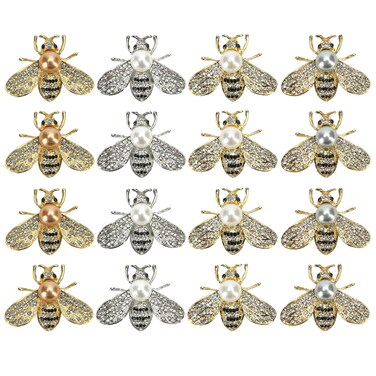 16 PCS Honey Bee Brooch Pins Bulk - Gold Designer Brooches for Women - Crystal Insect Themed with Faux Pearl - Fashion Lapel Gift for Birthday, Dating, Party, Anniversary