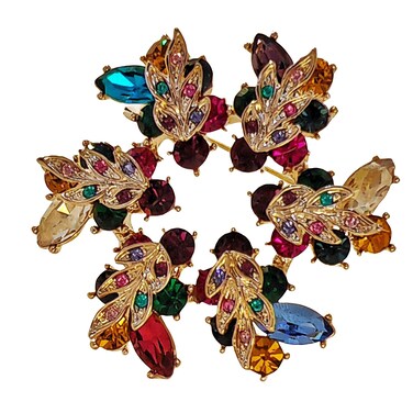 DREAMLANDSALES Fancy Fashion Gold Tone Colorful Round &amp;Marquise Crystal Rhinestone Garland Brooches Pin Women Accessory
