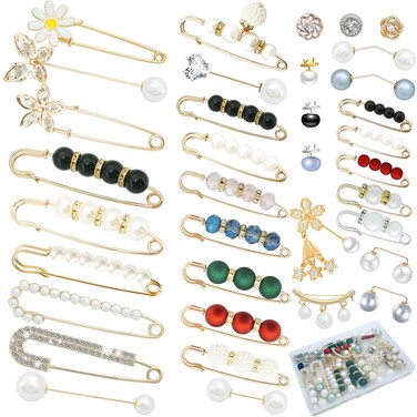 36 Pcs Brooch Pins for Women Fashion, Decorative Safety Pins for Clothes, Sweater Shawl Clip Gold Bling Flower Brooch Pins, Faux Pearl Brooch Pins Crafts, Waist Pants Safety Pins with Storage Box