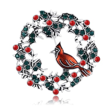 Cardinal on Wreath Pin Red Bird with Crystal Flower Green Leaf Christmas Brooches for Women Gifts Holiday Party Decorations with Message Card &amp; Box