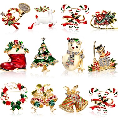 12 Pcs Christmas Brooches Xmas Rhinestone Crystal Brooch Pins Santa Claus, Snowflake, Bell Bow Knot, Reindeer, Boots, Garland, Christmas Stockings and Tree Pins for Xmas Holiday Party Celebration