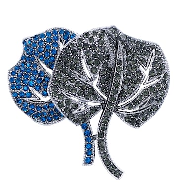 SELOVO 2 Leaf Blue Crystal Brooch Pin Accessory Antiqued Silver Tone