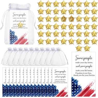 Kigeli 150 Pcs Veteran Day Lapel Pins Star Badge Pins Patriotic Blessing Cards Organza Gift Bag Gold Brooches Pins Party Gift Veterans Day Independence Day Celebration