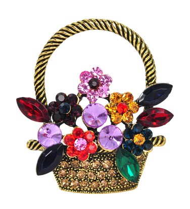 Gyn&amp;Joy Gold Tone Colorful Purple Red Blue Rhinestones Flower Basket Brooch