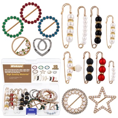 Wokape 15Pcs T-Shirt Clips and Pearl Brooch Pins Sweater Shawl Clips Set, Clothes Corner Knotted Button and Faux Rhinestone Pearls Brooch Decorative, Include 8Pcs Pearl Brooch Pins, 7Pcs T-Shirt Clips