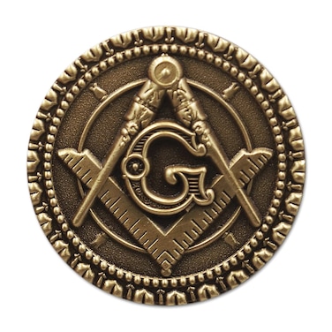 Square &amp; Compass Round Masonic Lapel Pin - [Antique Brass Finish][1'' Diameter]