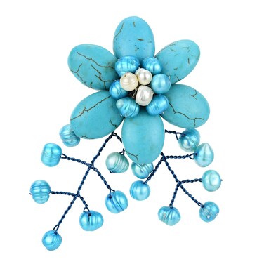 AeraVida Nature Loving Simulated Turquoise-Cultured Freshwater Pearl Floral Drape Pin Brooch   Elegant Nature-Inspired Jewelry for Women