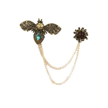 A N KINGPiiN Gold Bee with Emarald Stone Detailing and Hanging Chain Lapel Pin Badge Coat Suit Wedding Gift Party Shirt Collar Accessories Brooch for Men,A17