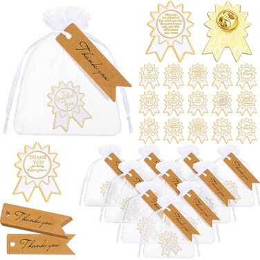 Sasylvia 30 Set Employee Appreciation Gifts Badge Shaped Brooch Employee of The Month Pin with Thank You Card Organza Bag Cute Medal Award Lapel Pins for Staffs Coworkers Team Thank You Gifts