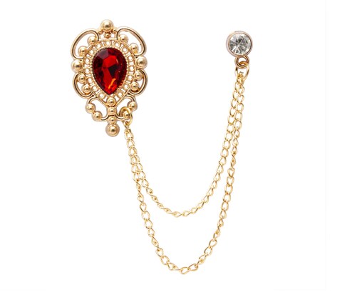 Knighthood Red Stone With Gold Engraving Metal Crystal Chain Brooch for Men