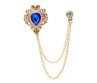 Knighthood Brooch Pin Blue Stone with Gold Engraving Metal Crystal Chain Lapel Pin Accessories for Men Women