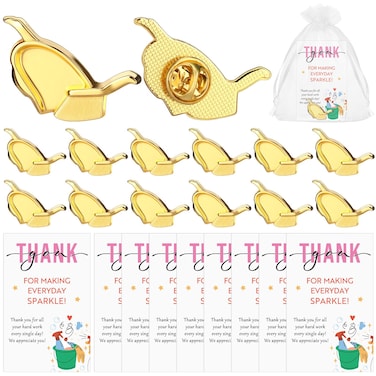Solsew 25 Sets Housekeeper Appreciation Gifts Bulk Gold Dust Pan Lapel Pin with Thank You Cards Organza Bags Employee Thank You Gifts for Staff Cleaner Volunteer Housekeepers