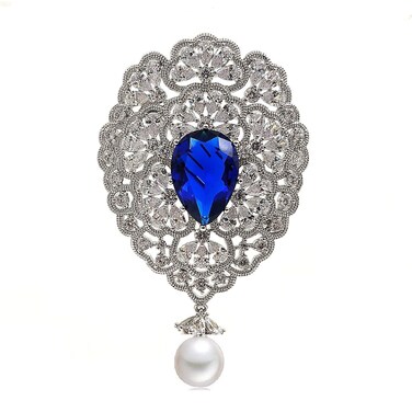 DREAMLANDSALES Fantasy Luxury Opens Scroll Floral Blue Stone Art Deco Brooch with Pearl Dangle Drop