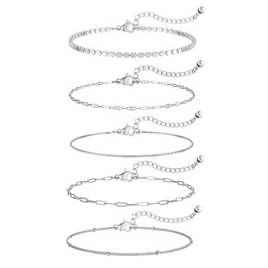 QLoztyse Silver Bracelet Stack - Dainty Silver Plated Stackable Bracelets for Women Adjustable Simple Small Thin Chain Bracelet Set for Women Jewelry
