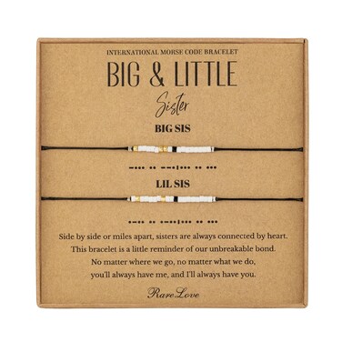 RareLove 2PCS Big Sister Little Sister Matching Bracelets Sister Morse Code Beaded Bracelet for Women,Sister Bracelets for 2,Matching Sister Bracelets,Black White Gold Pony Seed Tiny Beads