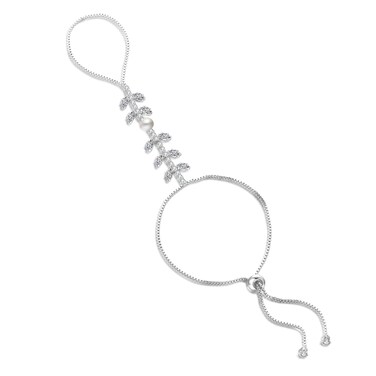 Mytys CZ Ring Bracelets Hand Chian Silver - Pearl Fishtail Boho Chain Slave Bracelet - Ring with Bracelet Attached Non-Tarnish Hand Bracelets for Women - 6 to 8 len (Silver B)