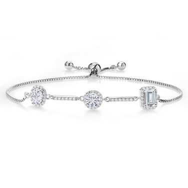 Gem Stone King 925 Sterling Silver Emerald Round and Oval White Moissanite 3 Stone Tennis Bracelet For Women By Keren Hanan   1.90 Cttw   Fully Adjustable Up to 9 Inch