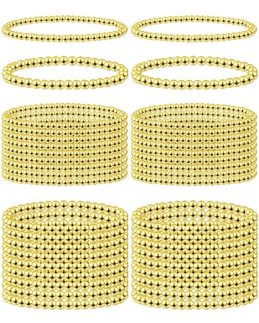 Taiyin 40 Pcs Gold Beaded Bracelet for Women Sets Gold Bead Bracelet Elastic Ball Bracelet Gold Beaded Bracelets for Women Beaded Stretch Bracelets for Friendship Jewelry Gifts, 4 mm and 6 mm