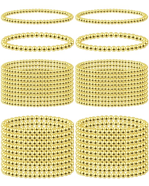 Taiyin 40 Pcs Gold Beaded Bracelet for Women Sets Gold Bead Bracelet Elastic Ball Bracelet Gold Beaded Bracelets for Women Beaded Stretch Bracelets for Friendship Jewelry Gifts, 4 mm and 6 mm