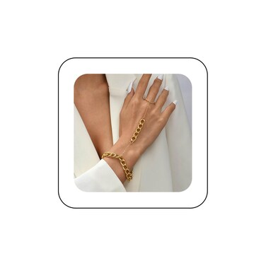 Ximdble Vintage Curb Finger Ring Bracelet Gold Slave Bracelet Hand Chain Boho Wrist Chain Bracelet Rhinestone Punk Chunky Hand Chain Bracelet Jewelry for Women