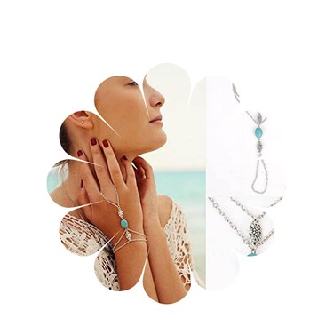 Allereyae Vintage Layered Turquoise Finger Ring Bracelet Silver Slave Bracelet Hollow Flower Bracelet Blue Stone Hand Chain Bracelet for Women