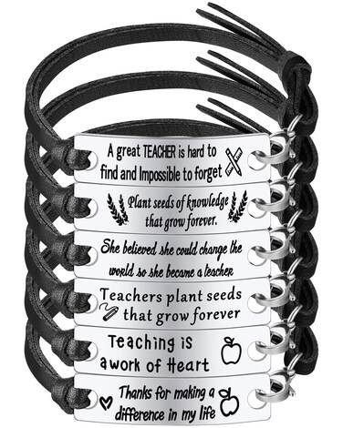 MTLEE 6 Pcs Teacher Bracelet Appreciation Gifts for Her, Teacher Birthday Gifts Bangle Inspirational Gifts for Women Men Teacher (Black and Silver)