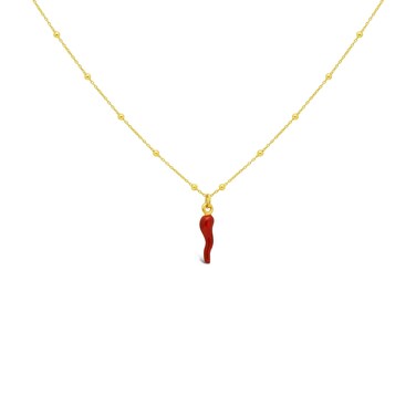 FRONAY Italian Red Horn Necklace - 14k Gold Plated Silver Cornicello Good Luck Pendant (Mini Red)