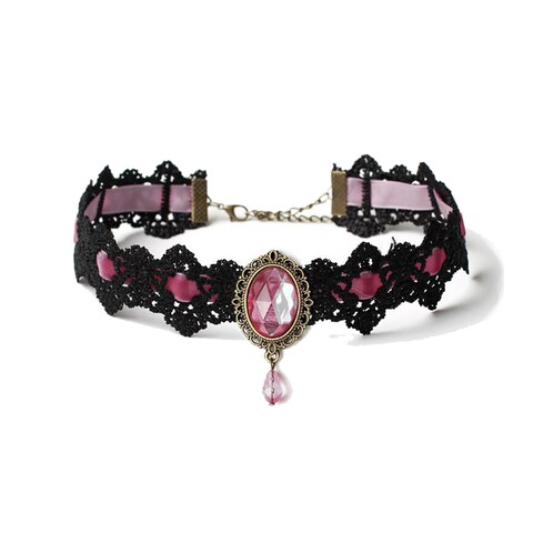 CSIYANJRY99 Gothic Choker Necklace for Women Halloween Red Crystal Vampire Choker Steampunk Lace Choker Witch Costume Accessories (Pink)