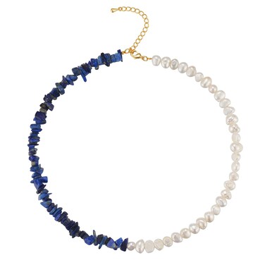 7TO U Blue Bead Necklace for Women,Tiny Freshwater Pearls Bead Necklace,Half Pearl Half Stone Design (C-Pearl&amp;Blue-veins Stone)