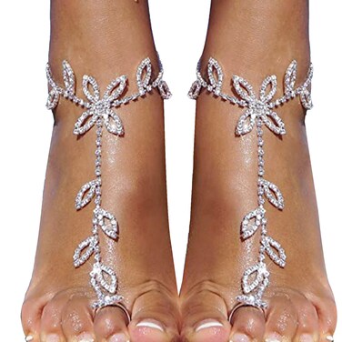1Pair Summer Beach Rhinestone Leaf Barefoot Sandals Foot Chain with Toe Ring Boho Crystal Anklets Bracelet Wedding Bridal Rhinestone Leaf Foot Chain Jewelry for Women(Leaf-silver)