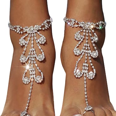 Riymusry 1Pair Summer Rhinestone Barefoot Sandals Foot Chain Jewelry Rhinestone Anklet Bracelet Crystal Toe Ring Anklets Bridal Rhinestone Foot Chain Jewelry for Women (Silver)