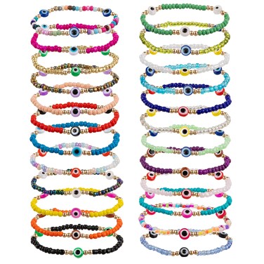 24 Pcs Beaded Evil Luck Eye Bracelets- Elastic Handmade Protection Bracelet Durable Mexican Bracelets Delicate Mal De Ojo Bracelets Evil Luck Eye Jewelry for Women Men Lucky Gift (Random Color)