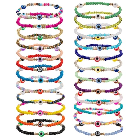 24 Pcs Beaded Evil Luck Eye Bracelets- Elastic Handmade Protection Bracelet Durable Mexican Bracelets Delicate Mal De Ojo Bracelets Evil Luck Eye Jewelry for Women Men Lucky Gift (Random Color)
