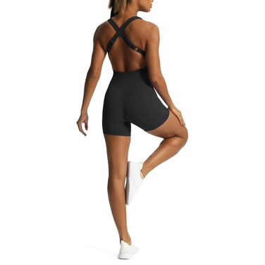 Aoxjox Workout Rompers for Women Cross Back One Piece Gym Yoga Sports Bras Lexi Lined Jumpsuit Shorts 6" (A Black, Medium)