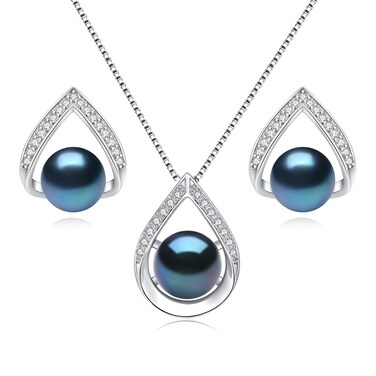 BAMIKI Black Pearl Necklace and Earrings Set, Saltwater Cultured Pearl Jewelry Set in 925 Sterling Silver - Elegance for Wife, Mom, Girlfriend on Anniversary, Valentine's, Mother's Day, or Birthday