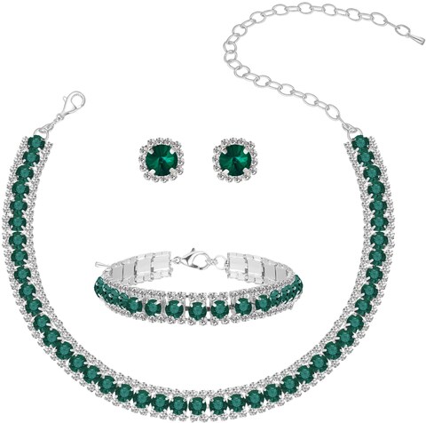Women Classic Elegant Sparkling Green Rhinestone Crystal Choker Necklace Earrings Bracelet Jewelry Set for Wedding Bridal Bridesmaids Party (Green (Silver))