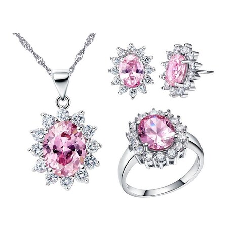Uloveido Wedding Jewelry Sets for Brides Women&#39;s Pink Crystal Necklace Earrings Studs and Rings Jewelry Set T466